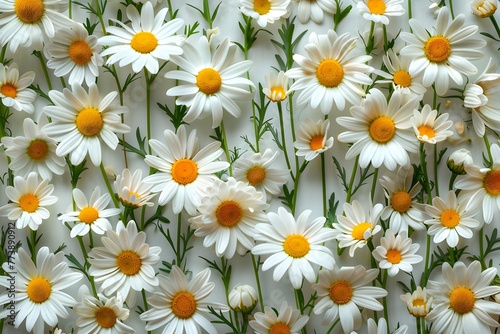 White daisies, beautiful flowers, green leaves backdrop, closeup, top view, background