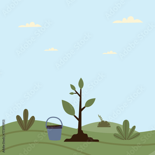 It depicts the scene of tree planting and shows the moment when people of different ages and backgrounds participate in tree planting together.