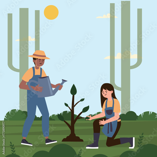 It depicts the scene of tree planting and shows the moment when people of different ages and backgrounds participate in tree planting together.