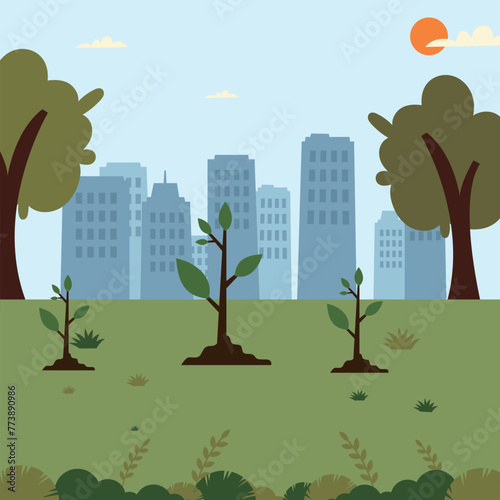 It depicts the scene of tree planting and shows the moment when people of different ages and backgrounds participate in tree planting together.