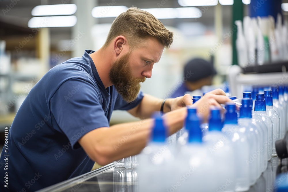 Worker inspecting and sorting plastic bottles on a production line. Worker inspecting and sorting plastic bottles on a production line.