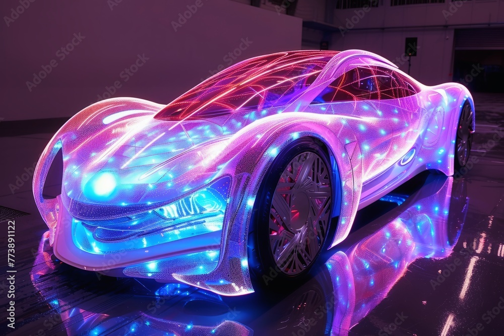 A futuristic car made of light particles. A futuristic car made of light particles.