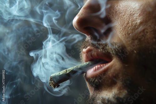 Close up of a man smoking a big weed joint with some cannabis smoke.