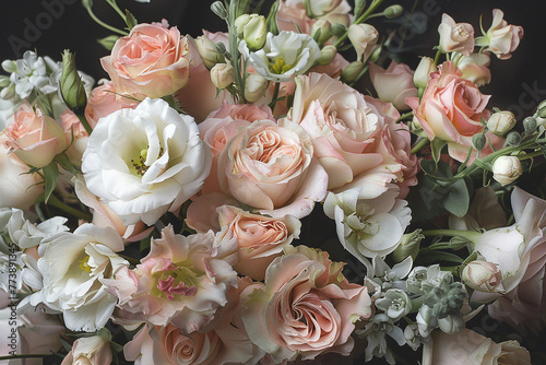 A romantic bouquet of blush pink roses, lisianthus, and delicate freesias.