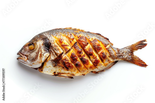 Grilled or fried sea bream isolated on white background from above
