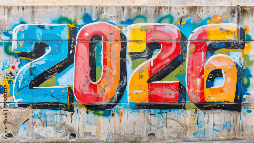 The text "2026" as an artistic illustration graffiti on an old concrete