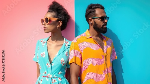 man and a woman are standing against a split background, pink and blue, respectively photo
