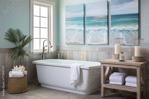 Ocean Bliss: Coastal Retreat Bathroom Oasis Designs featuring Soothing Spa and Artwork in Tranquil Colors
