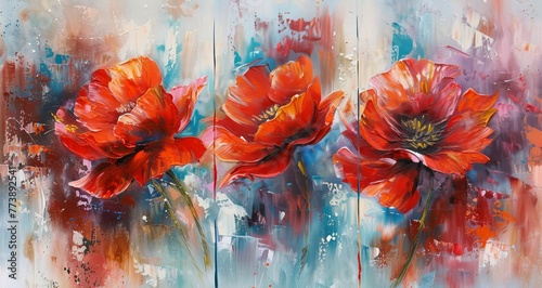 Paintings on canvas with watercolor red flowers. Interior decoration set with designer oil paintings. #773892541