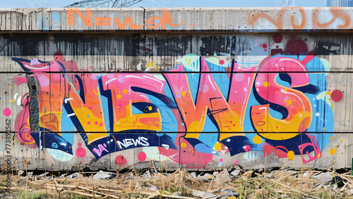 The word "NEWS" as an artistic illustration graffiti on an old concrete wall in colorful hues.