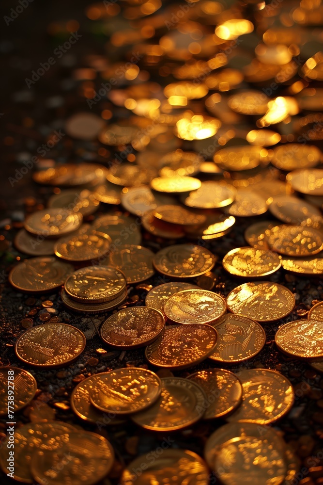 Golden Coins in Soft Sunlight on Dark Surface Golden Coins in Soft Sunlight on Dark Surface