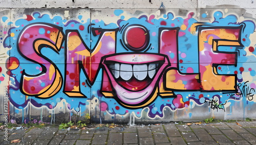 The word  SMILE  as an artistic illustration graffiti on an old concrete wall in colorful hues.