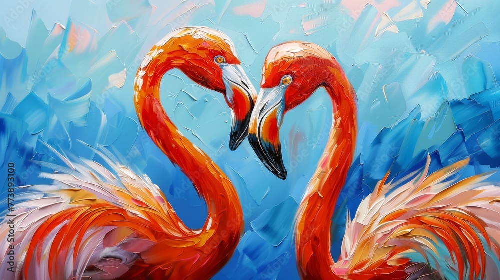 The artist's collection of animal paintings for decorating and interior is characterized by the design of this lovely couple of orange flamingos on a blue backdrop.