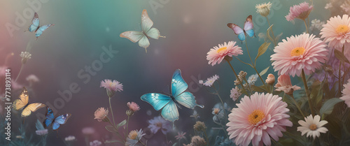 Enchanted Garden: Whimsical Scene with Pastel Flowers and Delicate Butterflies, Enhanced with a Holographic Touch