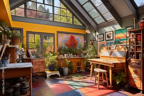 Colorful Painter's Art Studio: Skylights, Bright Interior, Artistic Decor photo