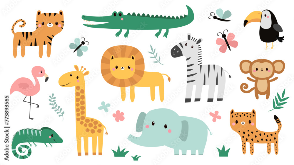 Obraz premium Cute African Safari zoo animal set. Cartoon giraffe, iguana, zebra, alligator crocodile, elephant, cheetah, flamingo bird, lion monkey tiger, toucan, butterfly. Flat design White background Vector