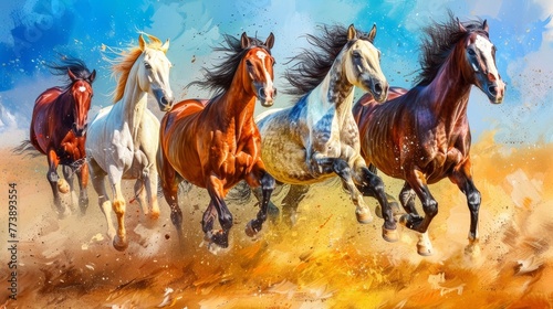 The painting depicts an artistic drawing of a herd of Arabian horses photo