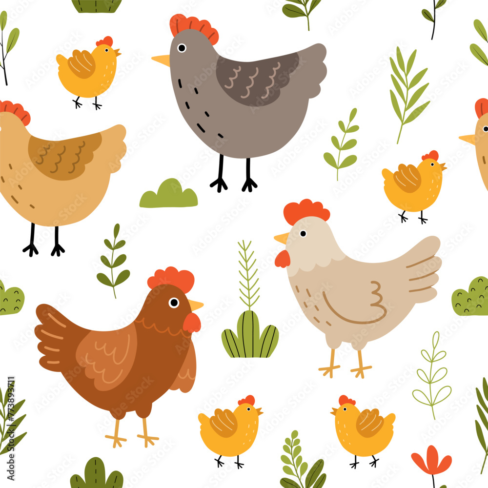 Seamless pattern with cute chicken, flowers and leaves for your fabric, children textile, apparel, nursery decoration, gift wrap paper. Vector illustration - obrazy, fototapety, plakaty 