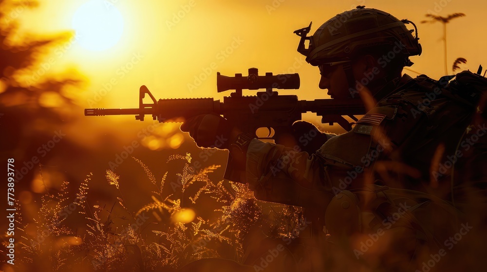 military. soldier silhouette in uniform with machine gun or assault rifle at summer evening sunset - obrazy, fototapety, plakaty 