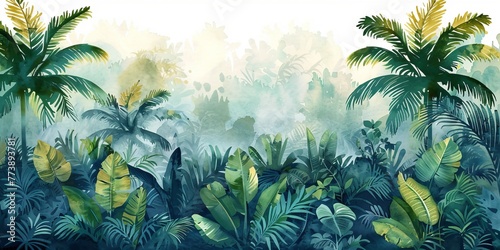 Watercolor wallpaper pattern. Jungle landscape in retro wallpaper style  Generative AI