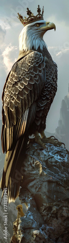 Bald Eagle as king Eagle, crowned, perched on a cliff throne, overseeing lands with sharpeyed authority and freedom , hyper realistic, low noise, low texture