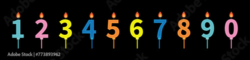 Happy Birthday candle number set line. Numbers with fire flame. Different bright color. Clip art elements template for invitation, birthday card. Flat design. Black background. Isolated. Vector photo