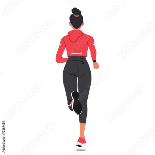 Young Girl Runner Athlete Character In Motion Rear View. Her Legs In Powerful Strides, Embodies Speed And Grace On Track