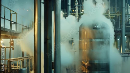 A burst of steam from a tall cylindrical vessel indicates the intense heat and pressure used in the manufacturing of sulfuric acid with safety measures such as warning lights