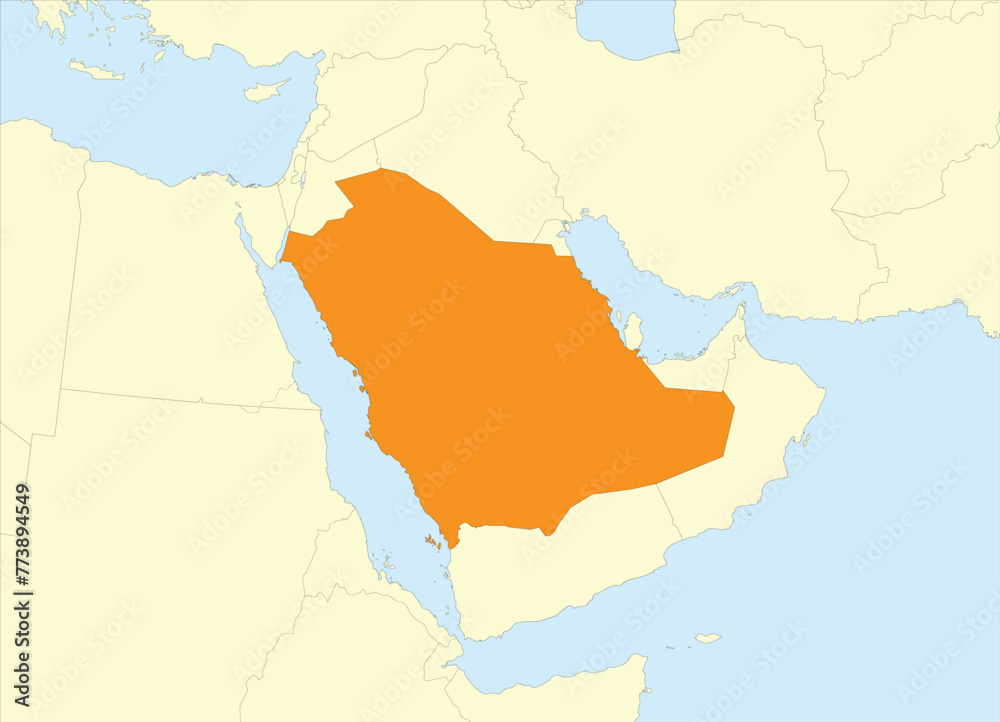 Orange detailed blank political map of SAUDI ARABIA with black borders on beige continent background and blue sea surfaces using orthographic projection of the Middle East