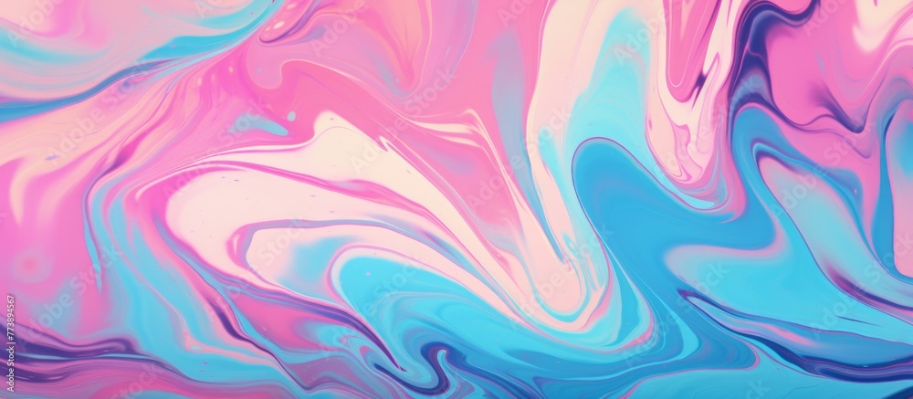 An intricate and colorful artwork displaying a close up of swirling patterns in pink and blue hues, creating a mesmerizing visual effect