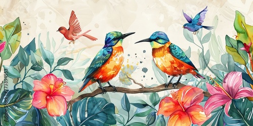 Watercolor pattern wallpaper. Painting of a jungle landscape with birds, Generative AI © Coconut Design