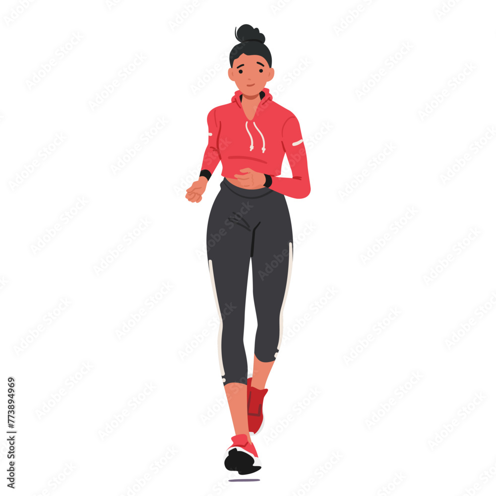 Naklejka premium Young Girl Athlete In Motion Front View. Sportswoman Character Dashes With Determination, Vector Illustration