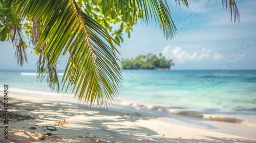 Beach Background. Tropical Island with Palm Trees on Sandy Shoreline © AIGen