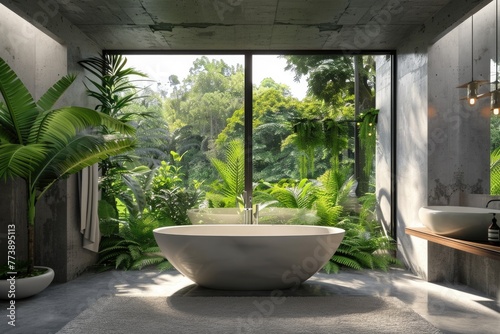 Forest Design. Luxury Modern Bathroom with Bathtub and Tropical Forest View for Elegant Home Decor