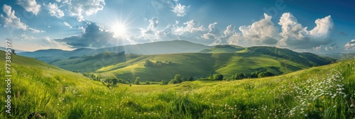 Hill Landscape. Beautiful Countryside Panorama in Romania with Sunny Spring Mountains © AIGen