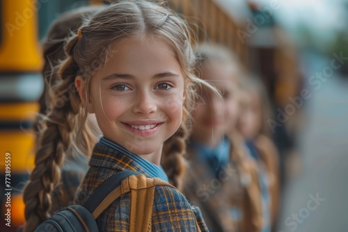 Wallpaper Mural Ready-to-go student at bus stop: eager learner with backpack waiting for school transport. Torontodigital.ca