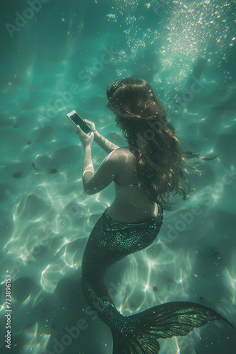 Mermaid with smartphone Mermaid exploring oceanic data, merging underwater mysteries with digital discovery tools