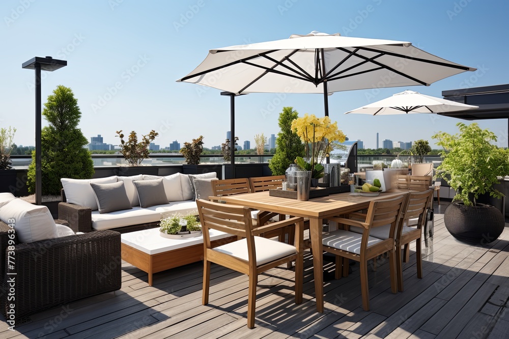 Fototapeta premium Sleek Furniture and Modern Vibes: Contemporary Style on a Rooftop Patio