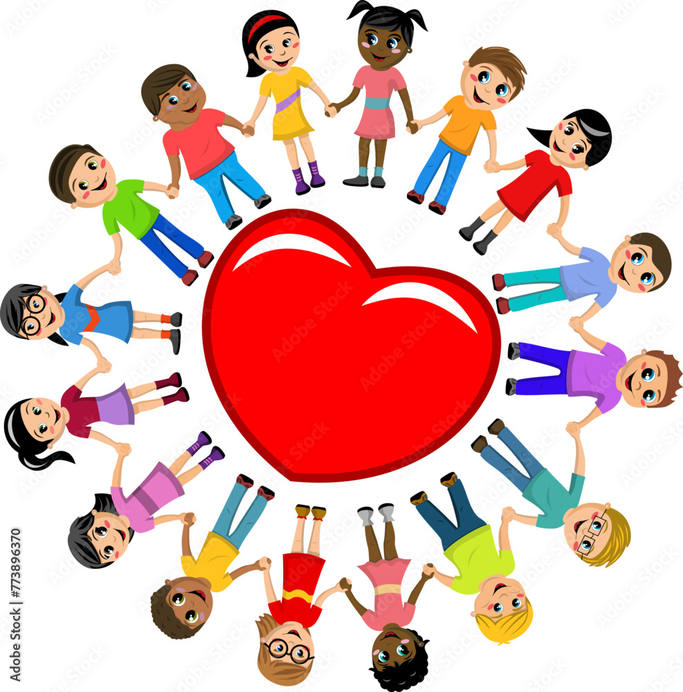 Fototapeta premium Group of multicultural kids hand in hand around big heart isolated on white