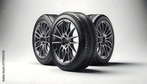 a set of three modern car tires with detailed tread and sleek alloy rims presented in a row against a plain, light background. car wheel isolated on white background photo