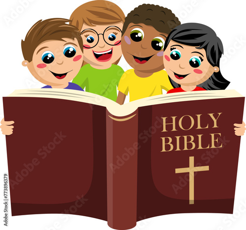 small group of multicultural kids reading the holy bible book isolated on white