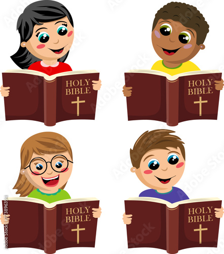 Set of multicultural happy kids reading holy bible book isolated on white