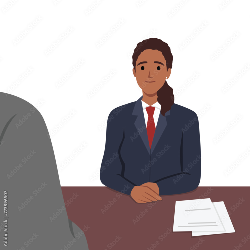 Young black business woman smile interviewed. Flat vector illustration isolated on white background Young black business woman smile interviewed. Flat vector illustration isolated on white background