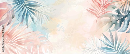 Abstract pastel watercolor tropical leaves frame background © EnelEva