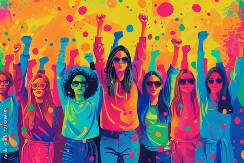 Colorful illustration of young people raising their hands. They are fighting for gender equality, human rights and against climate change, Generative AI