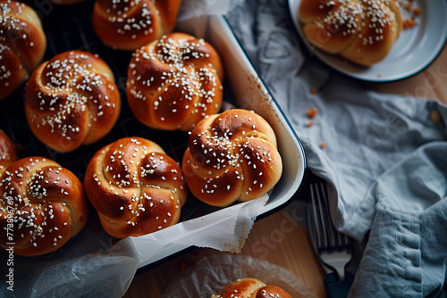 Shiny cinnamon buns with white icing and sesame seeds, in a baking tray ready to serve photo