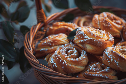 A closeup shot emphasizes the intricate swirls of cinnamon rolls in a woven basket photo