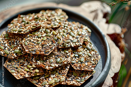 Nutritious arrangement of homemade seed-topped crackers served on a rustic plate amidst natural decor photo