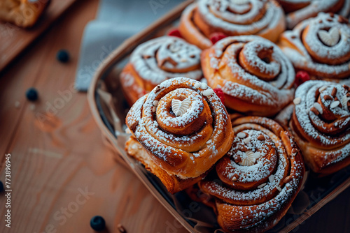A close-up shot of mouthwatering cinnamon rolls adorned with a dusting of powdered sugar in a wicker basket photo