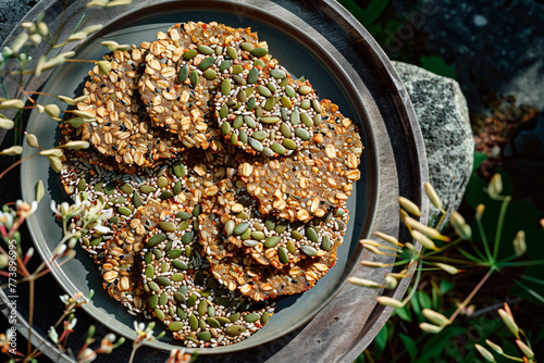 A top view of a nutritious plate full of seed crackers with green toppings, suggesting a healthy snack option photo